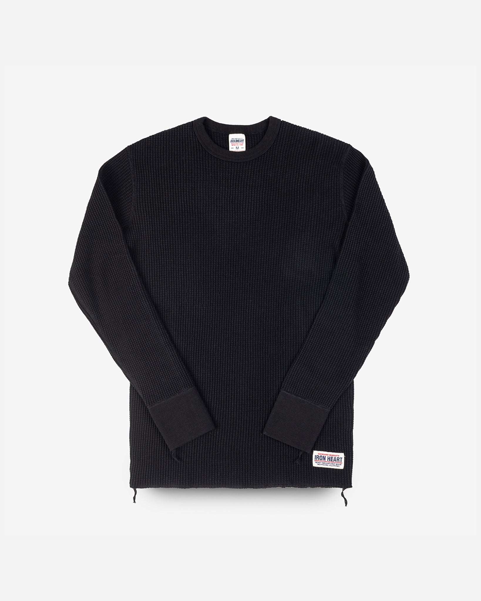 Waffle Knit Long Sleeved Crew Neck Thermal Top - Black