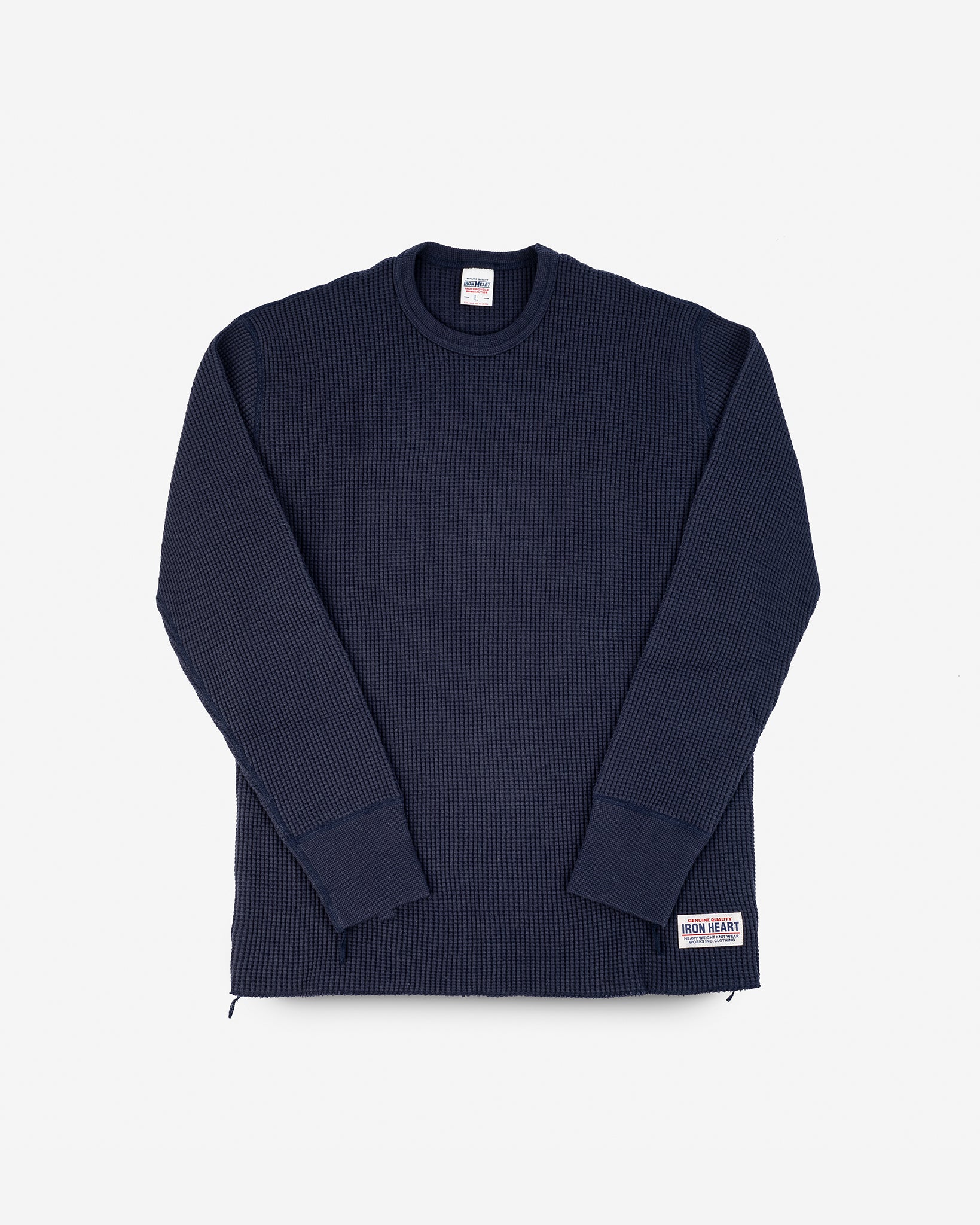 Waffle Knit Long Sleeved Crew Neck Thermal Top - Navy