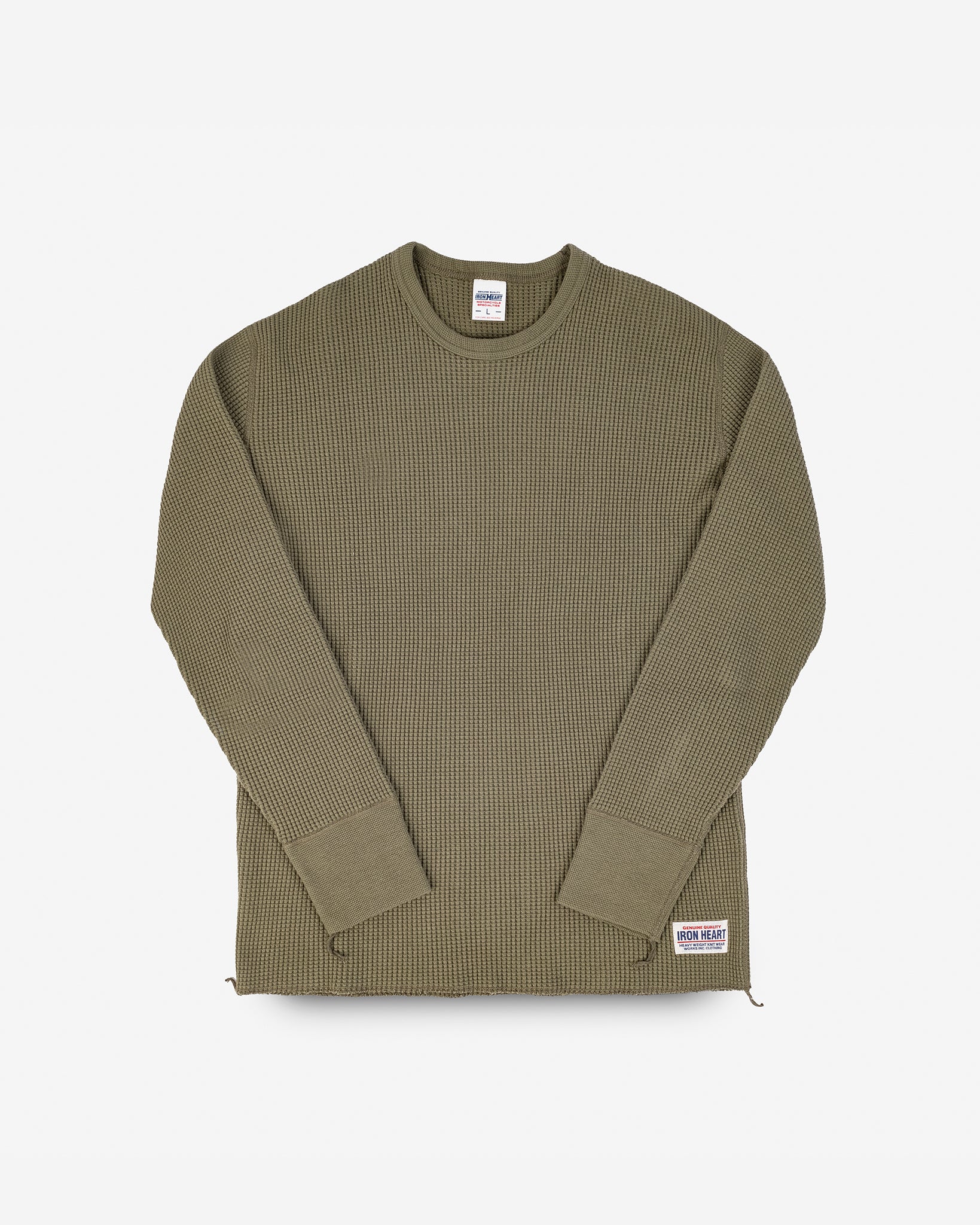 Waffle Knit Long Sleeved Crew Neck Thermal Top - Olive