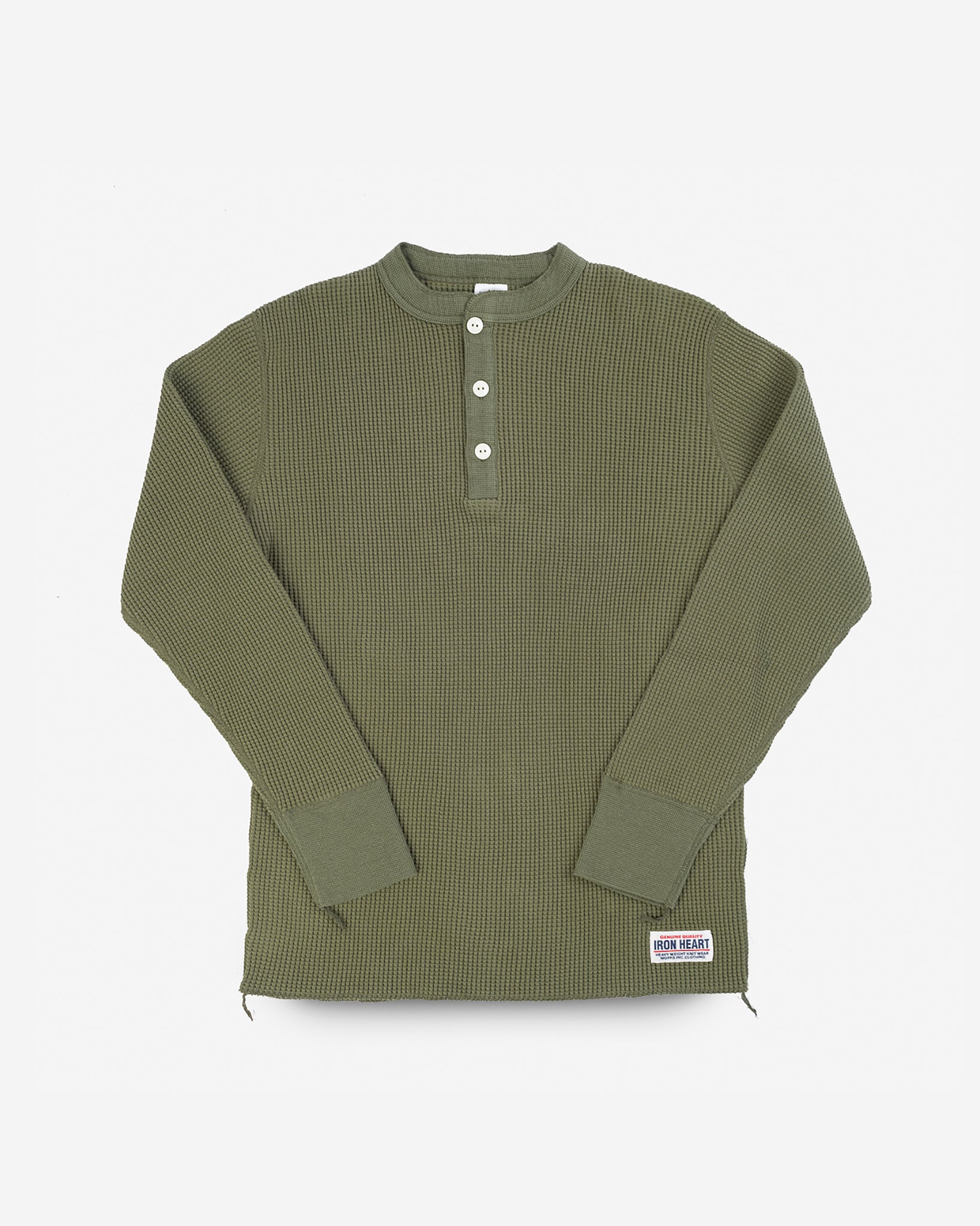 Waffle Knit Long Sleeved Thermal Henley - Olive