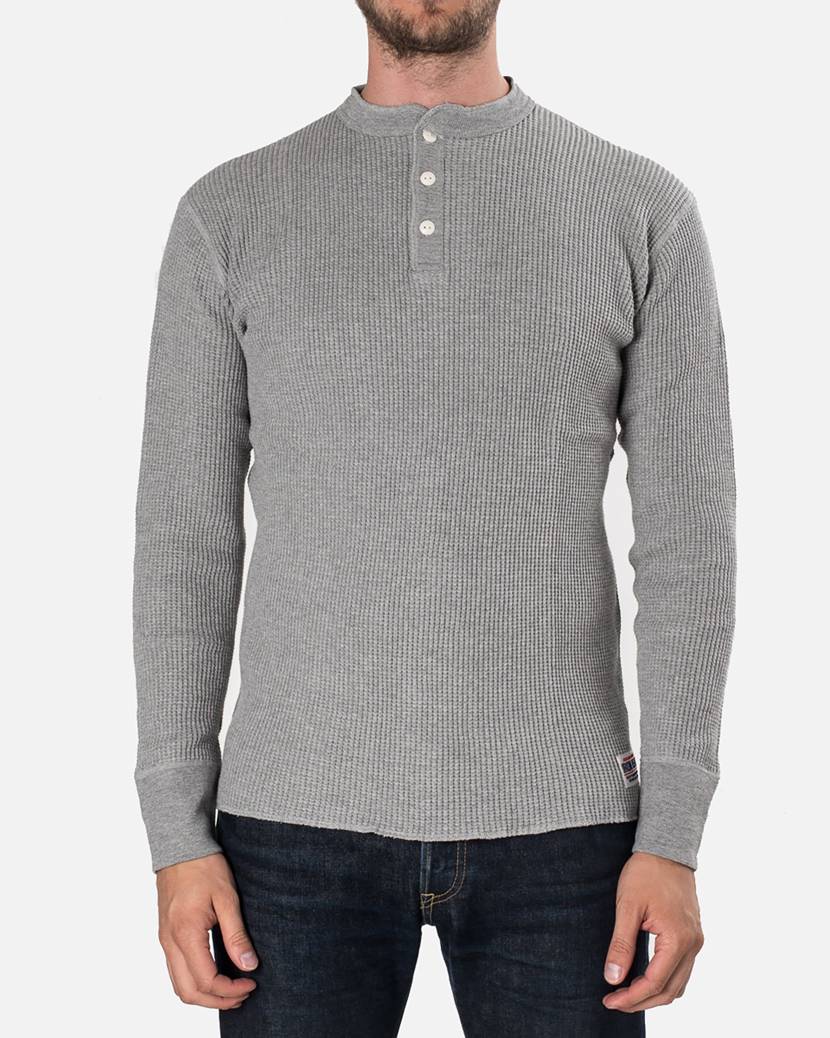 Waffle Knit Long Sleeved Thermal Henley - Grey