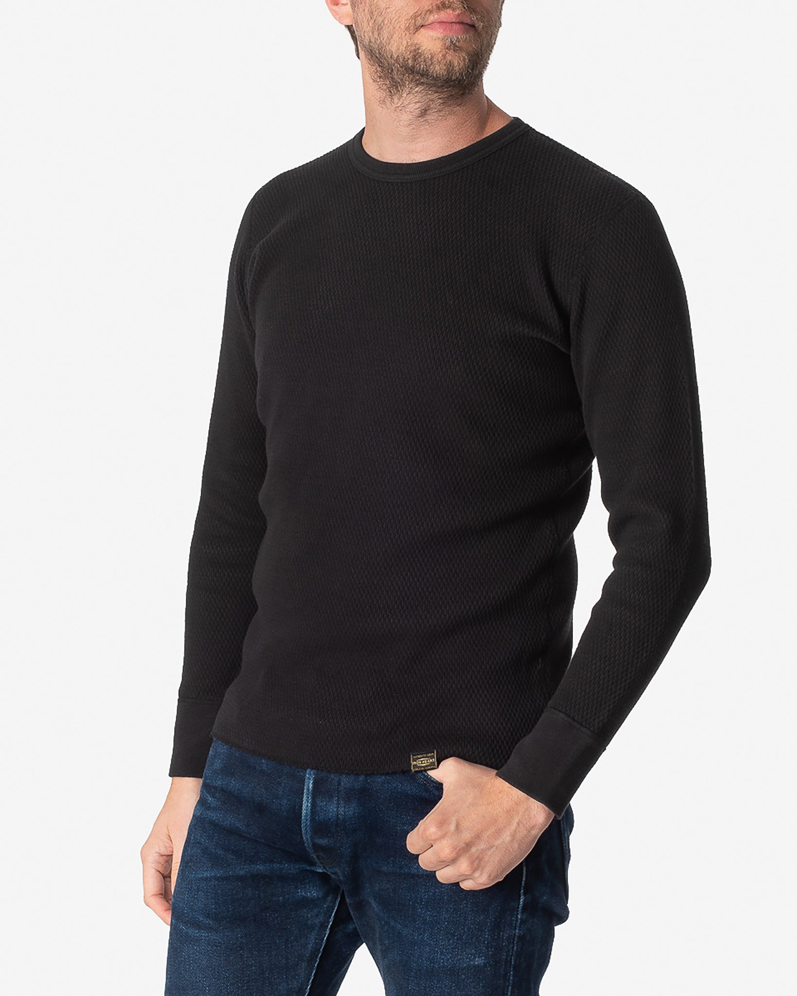 Cotton Knit Crew Neck Long Sleeved Thermal Sweater - Black