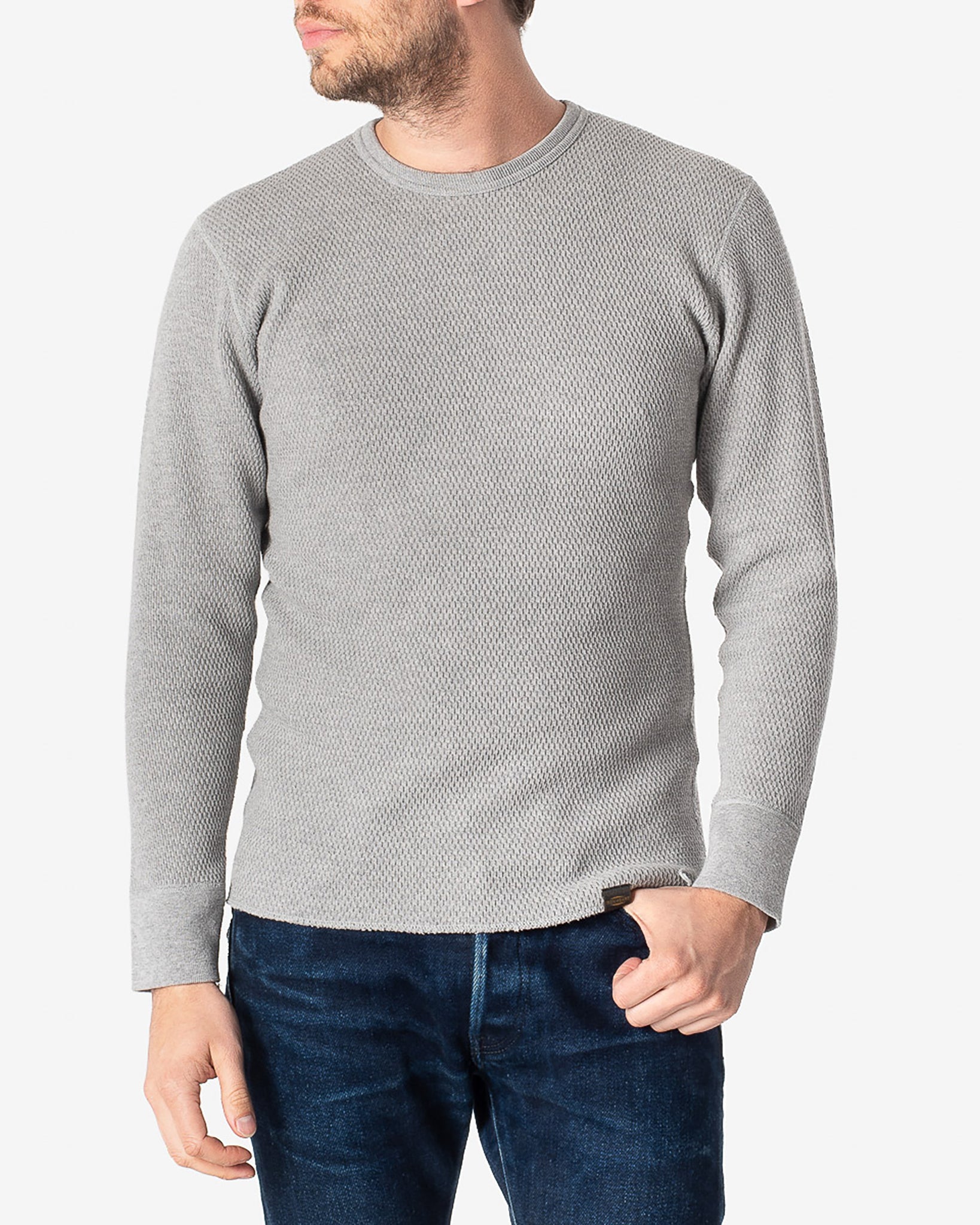 Cotton Knit Crew Neck Long Sleeved Thermal Sweater - Grey
