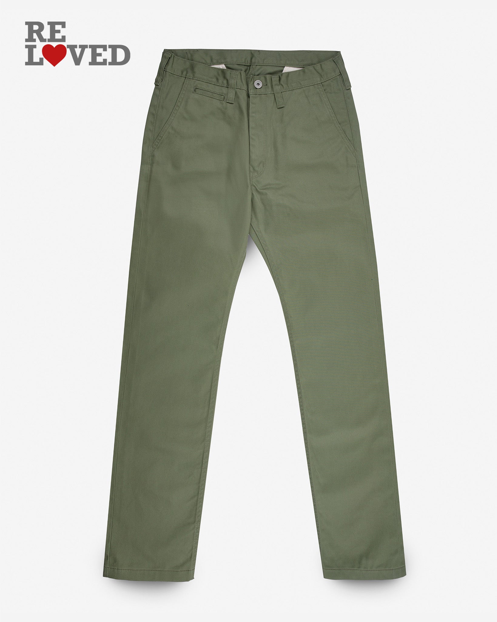 9oz Mercerised Selvedge Cotton Slim Tapered Chinos - Olive (IH-721-OLV) Tag 33, Hemmed to 32.5"