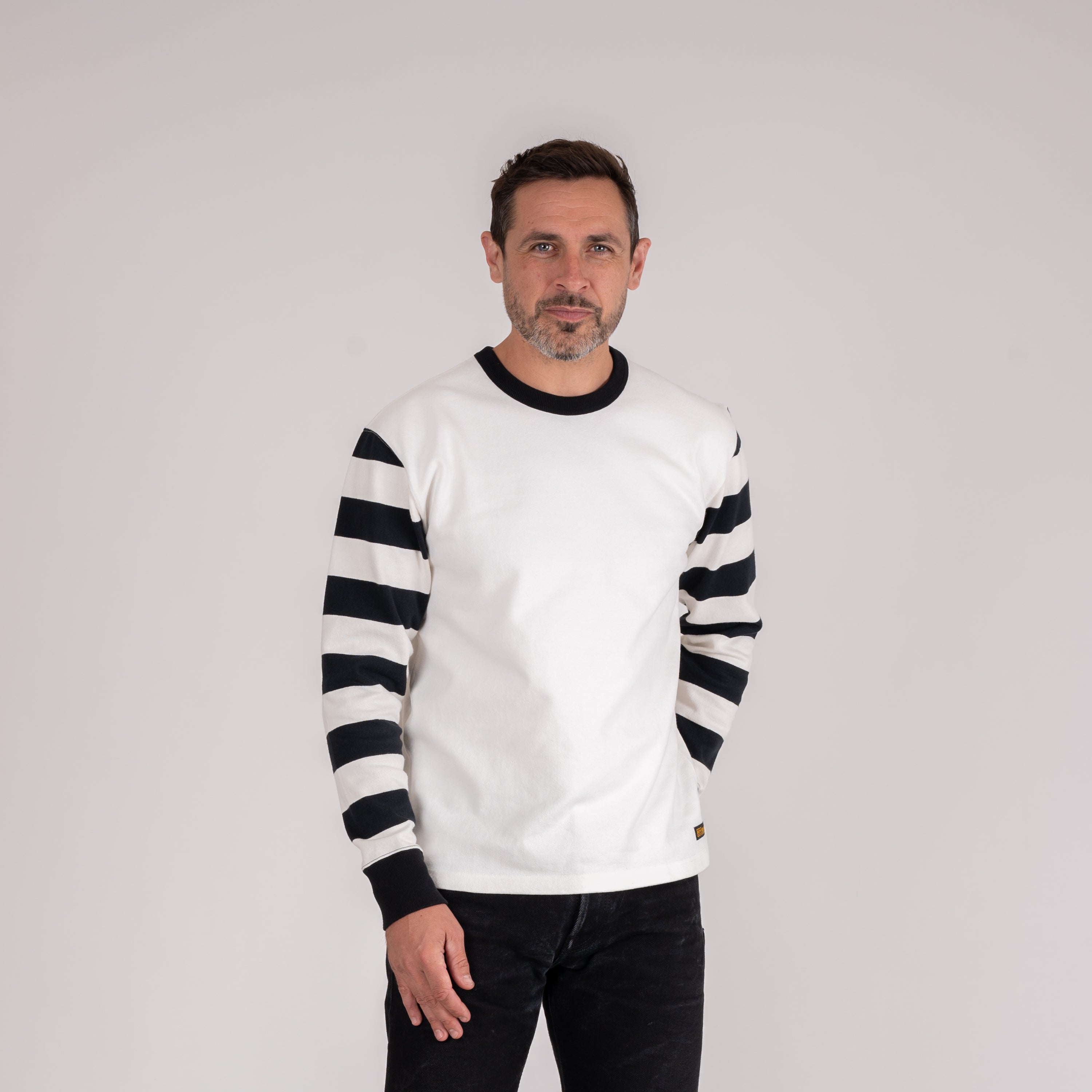 11oz Cotton Knit Long-Sleeved Sweater - White Body with Stripes