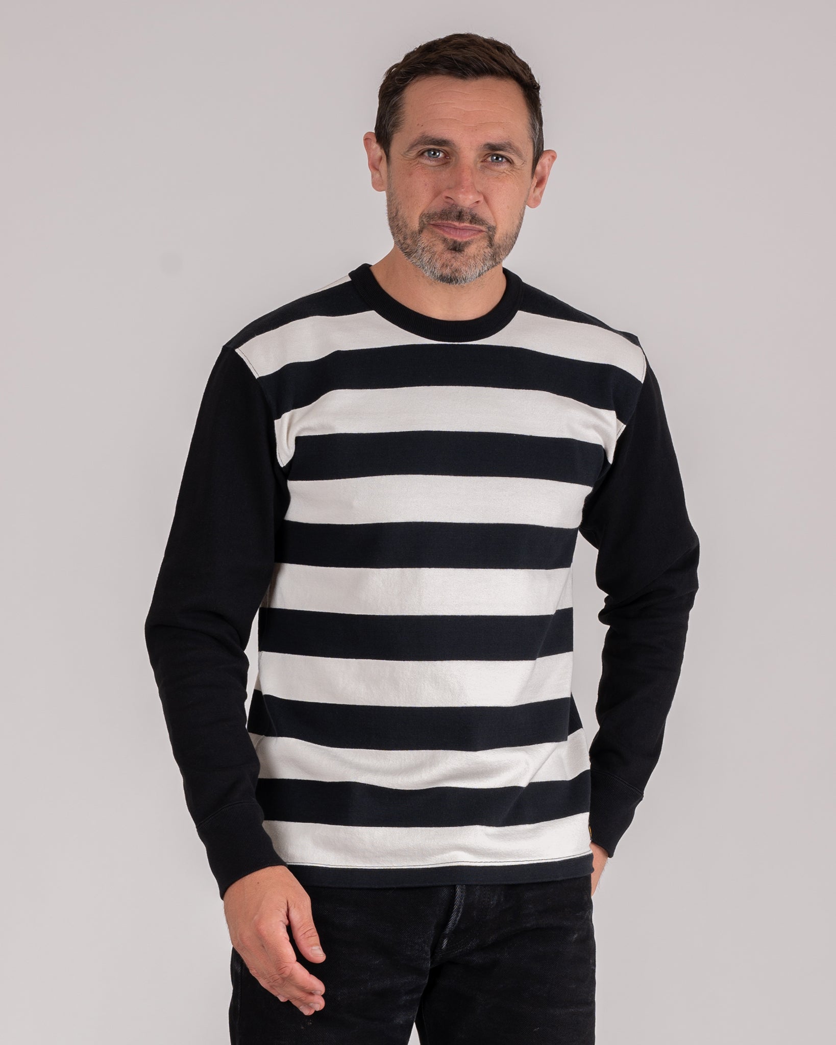 11oz Cotton Knit Long-Sleeved Sweater - Striped Body with Black Arms