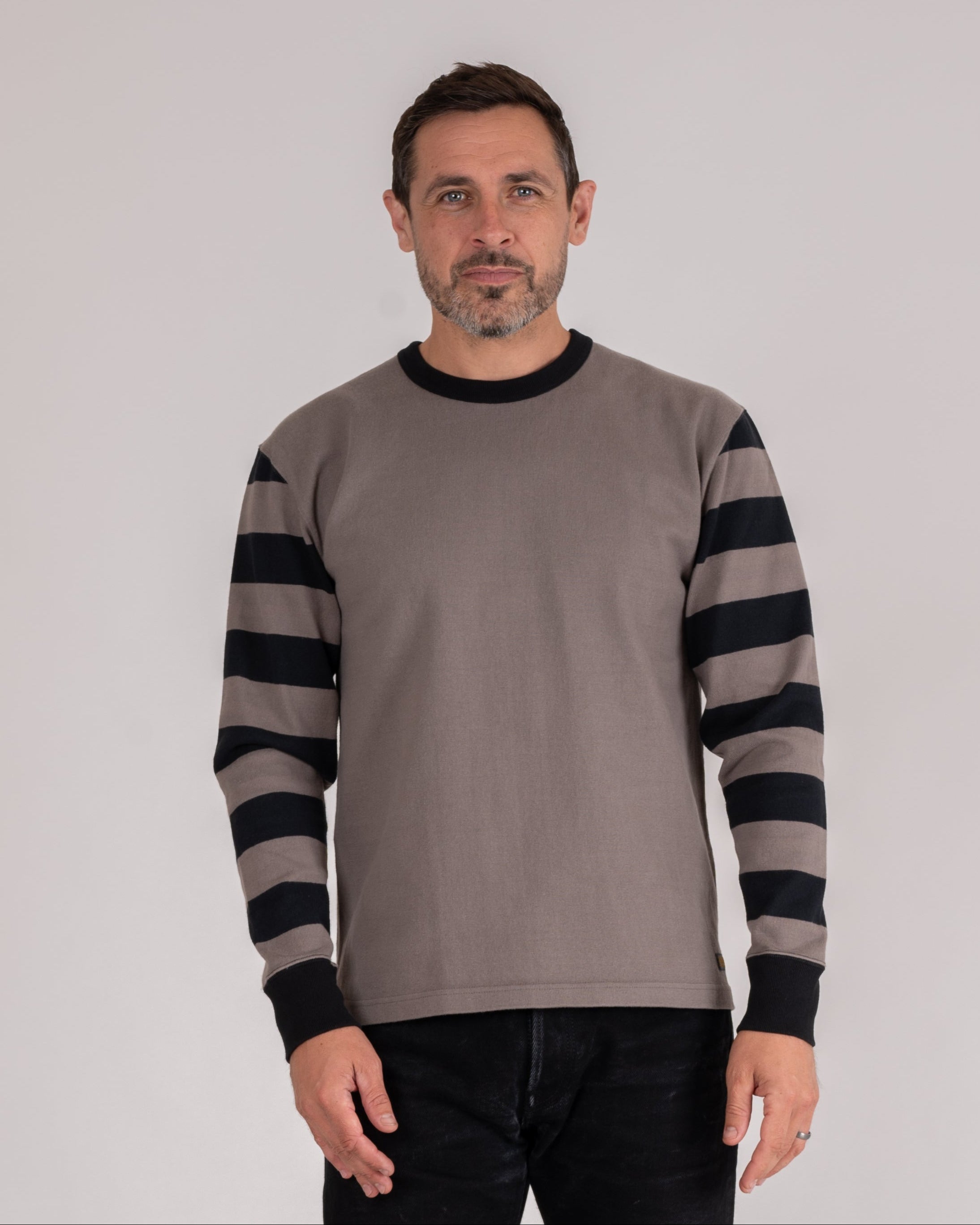 11oz Cotton Knit Long-Sleeved Sweater - Grey Body with Stripes