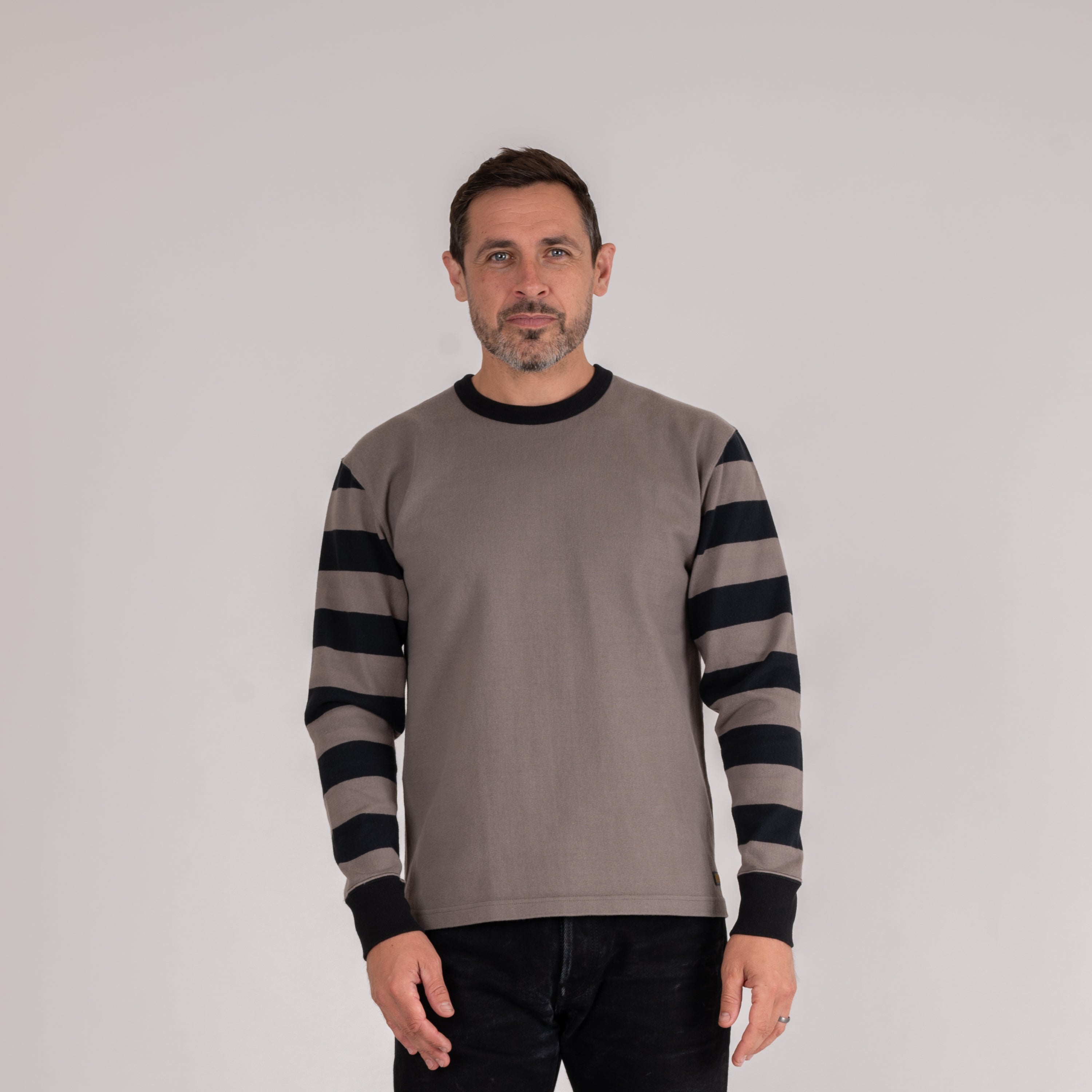11oz Cotton Knit Long-Sleeved Sweater - Grey Body with Stripes