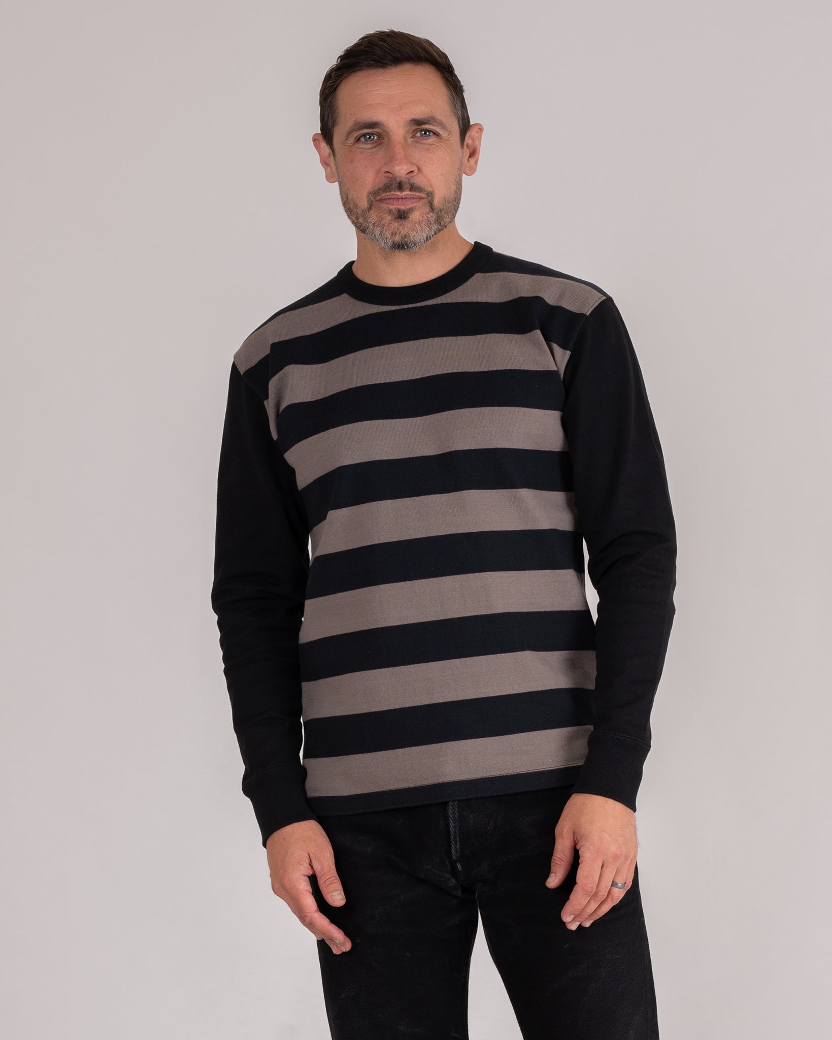 11oz Cotton Knit Long-Sleeved Sweater - Striped Body with Black Arms