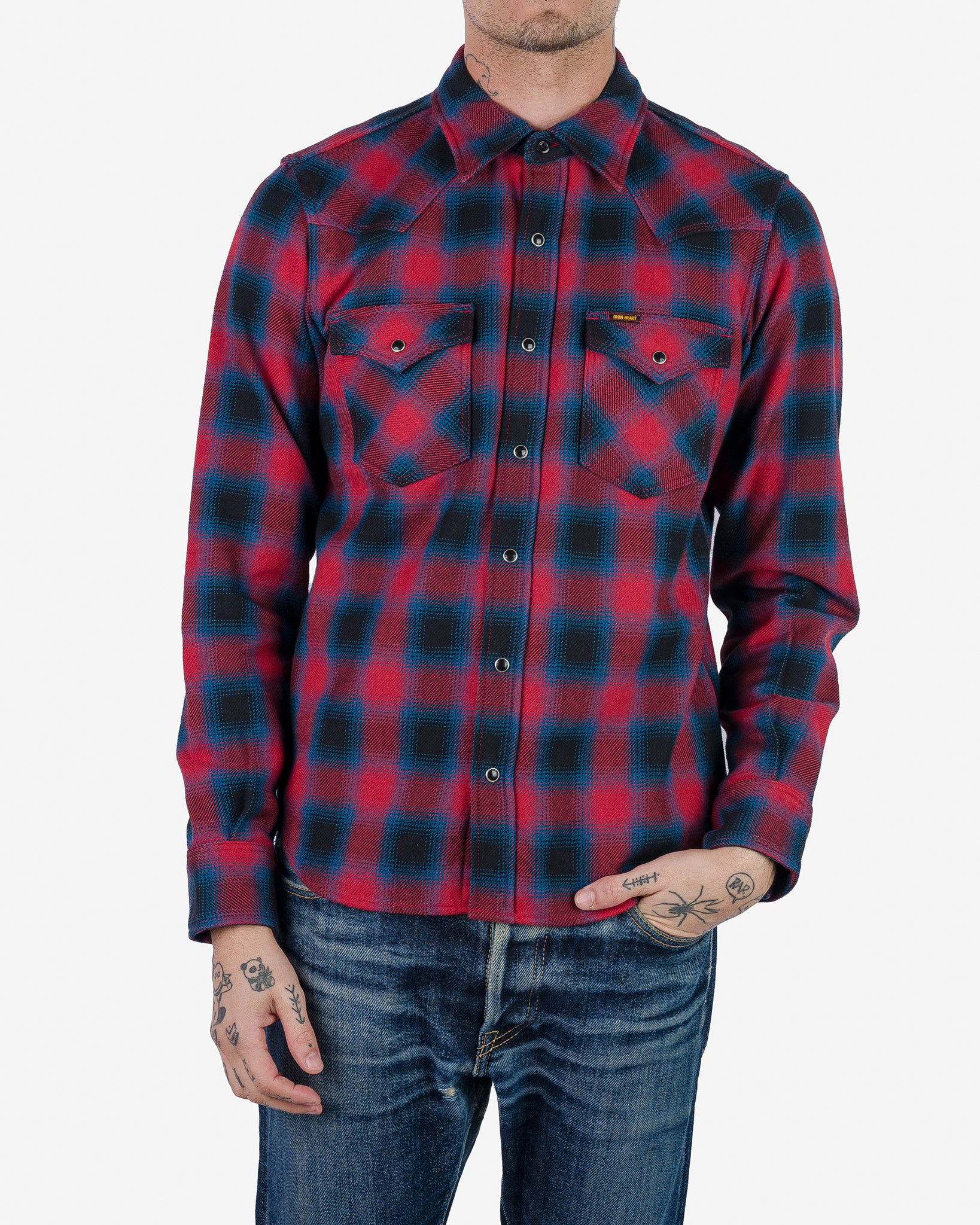 Ultra Heavy Flannel Ombré Check Western Shirt - Red