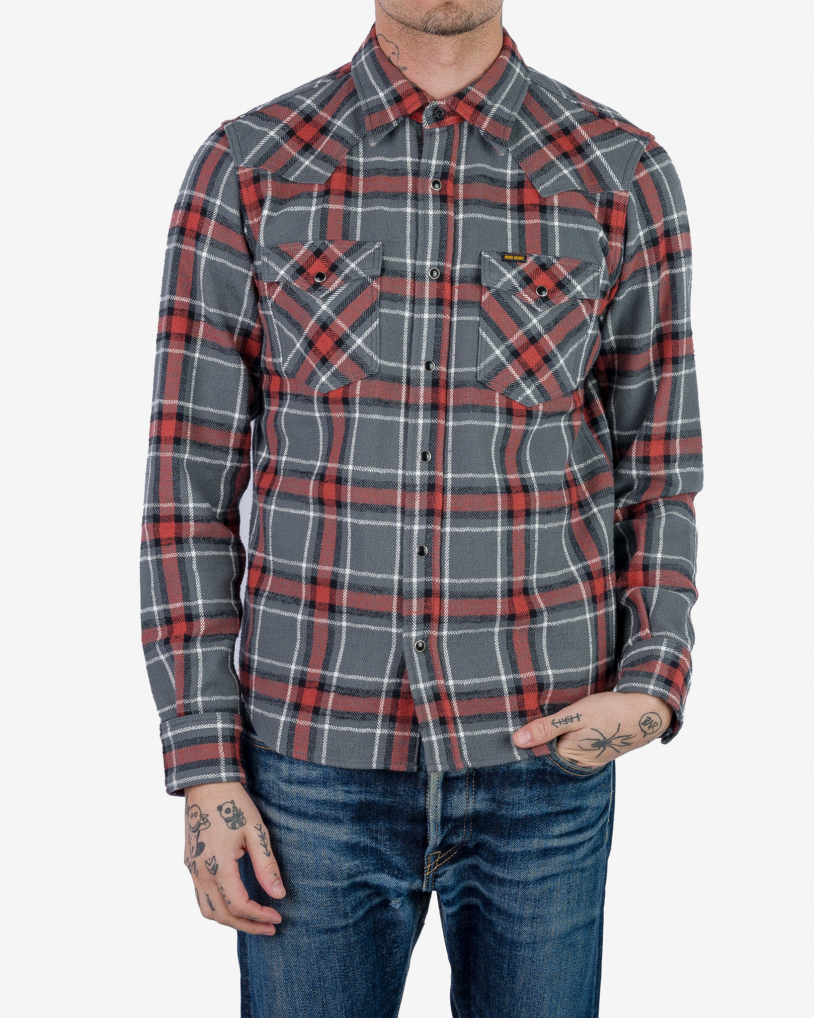 12oz Slubby Heavy Flannel Herringbone Check Western Shirt - Grey